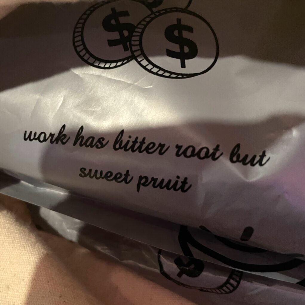 a plastic bag that says work has a bitter root but sweet pruit